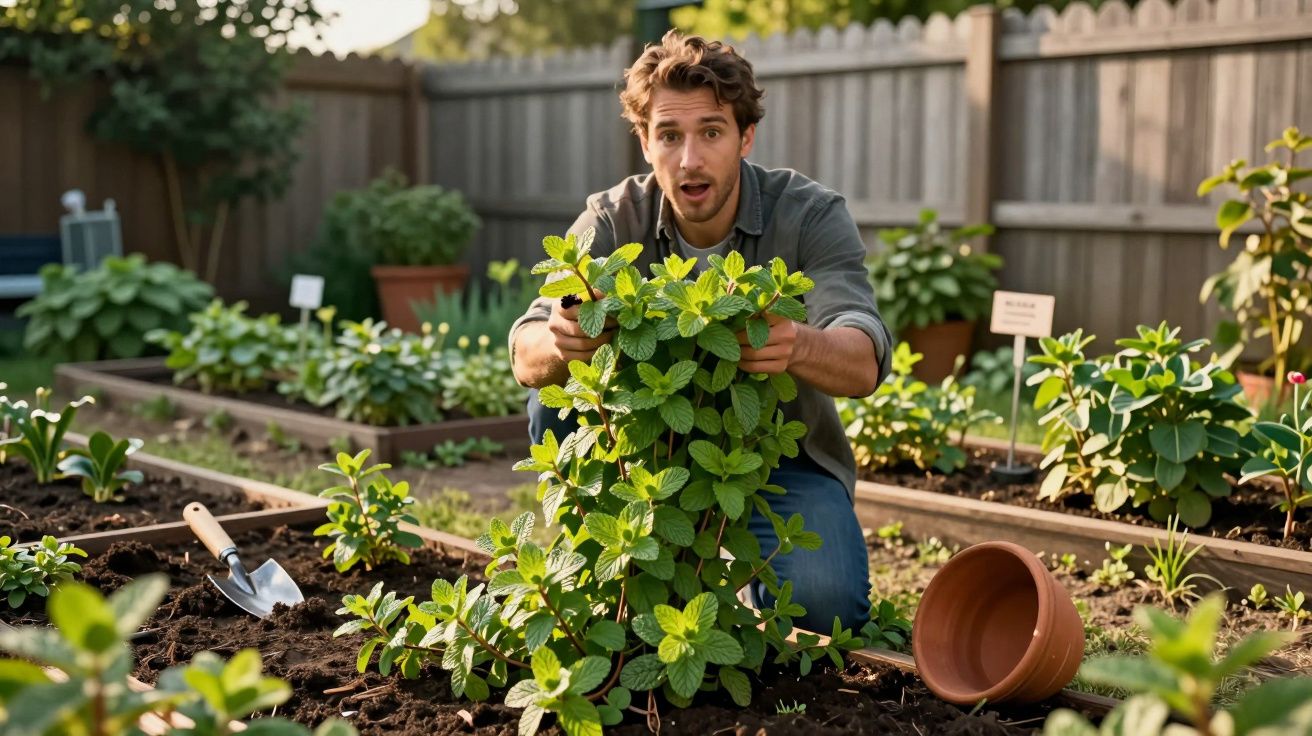 Homem ajoelhado em jardim cuidando de planta verde em canteiro com pá e vaso ao lado.