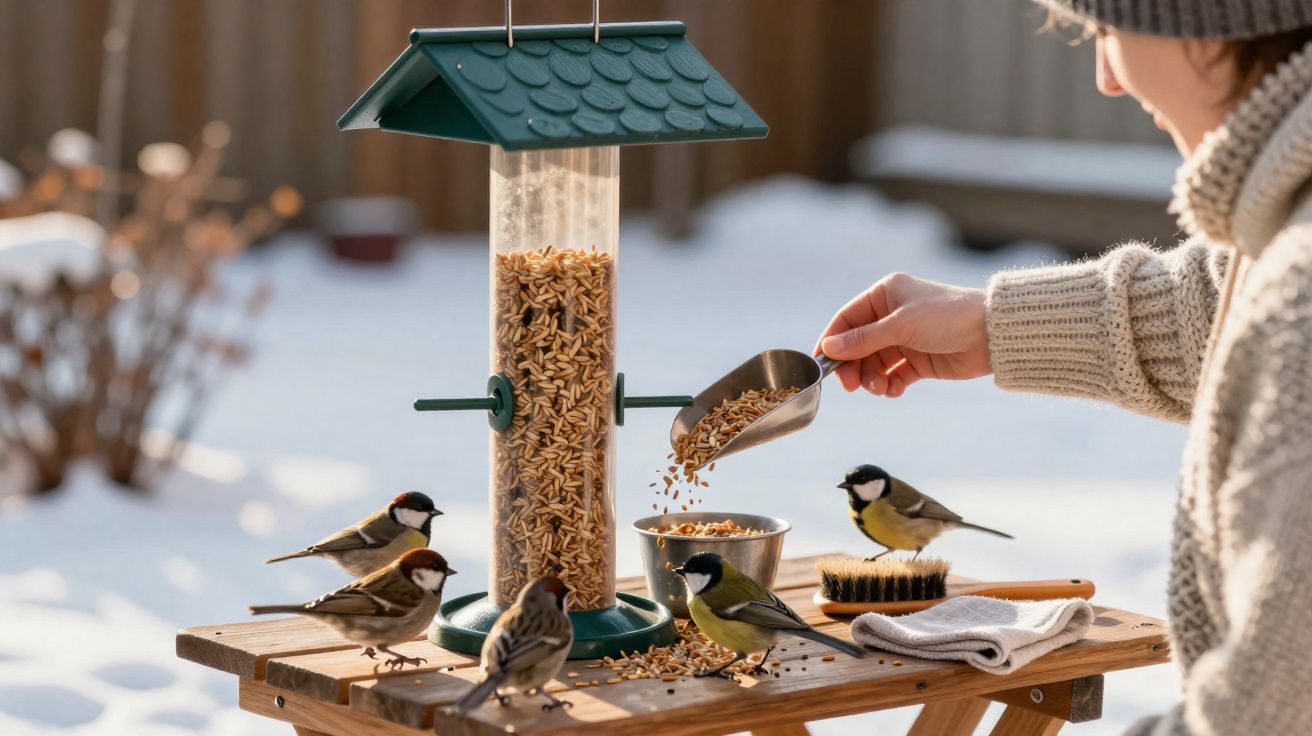 Pessoa alimentando pardais e tentilhões em comedouro de pássaros com neve ao fundo.