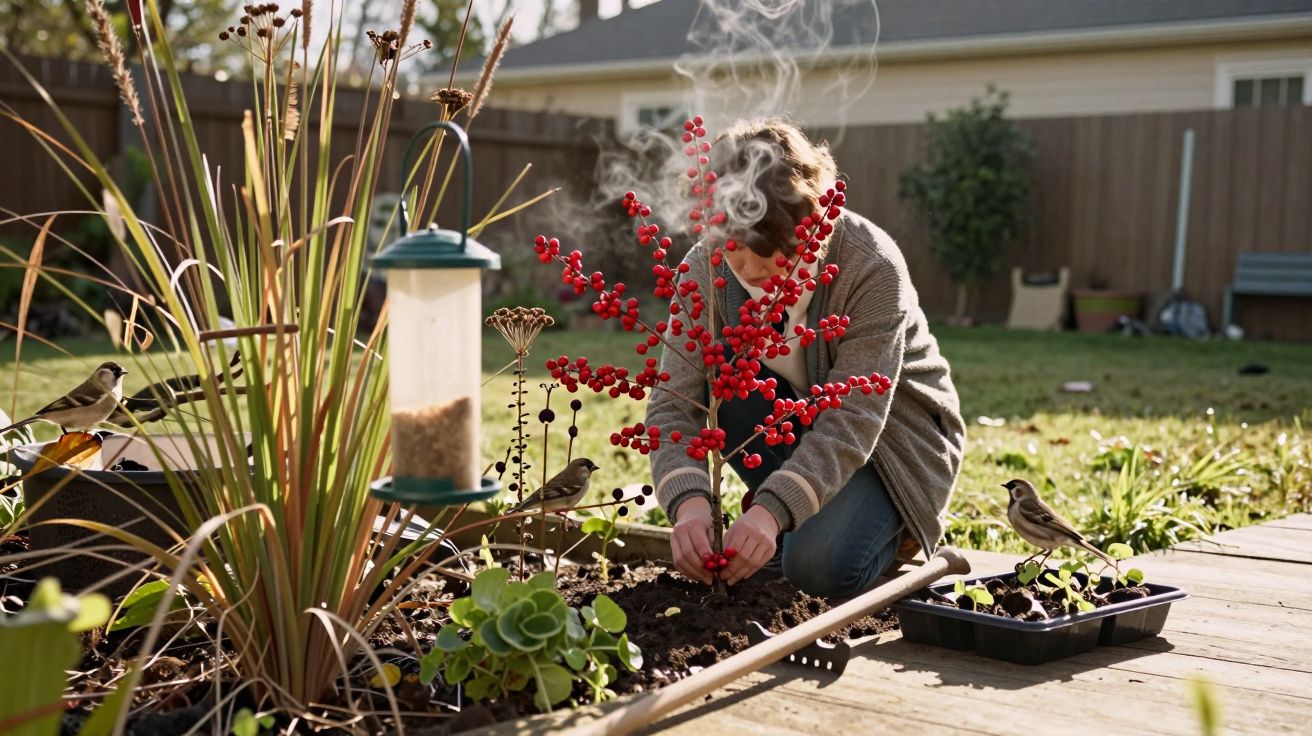 Pessoa plantando arbusto de bagas vermelhas em jardim com pássaros ao redor e alimentador de aves.