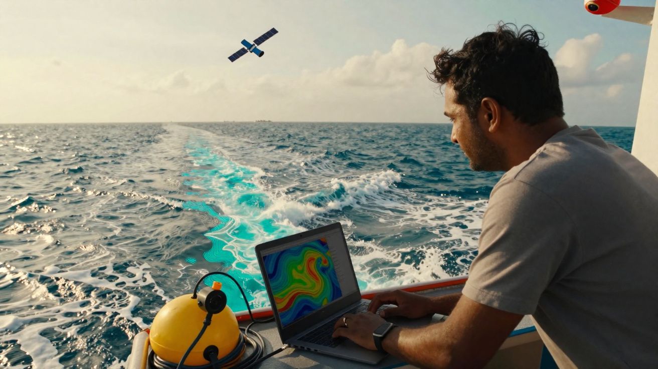 Homem usa laptop com mapa no mar a bordo de barco, há satélite no céu e bóia amarela ao lado.