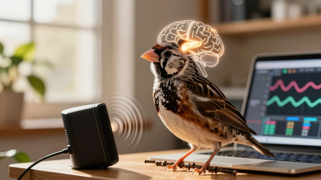 Pássaro em uma mesa próximo a caixa de som, com ilustração cerebral indicando processamento de som.
