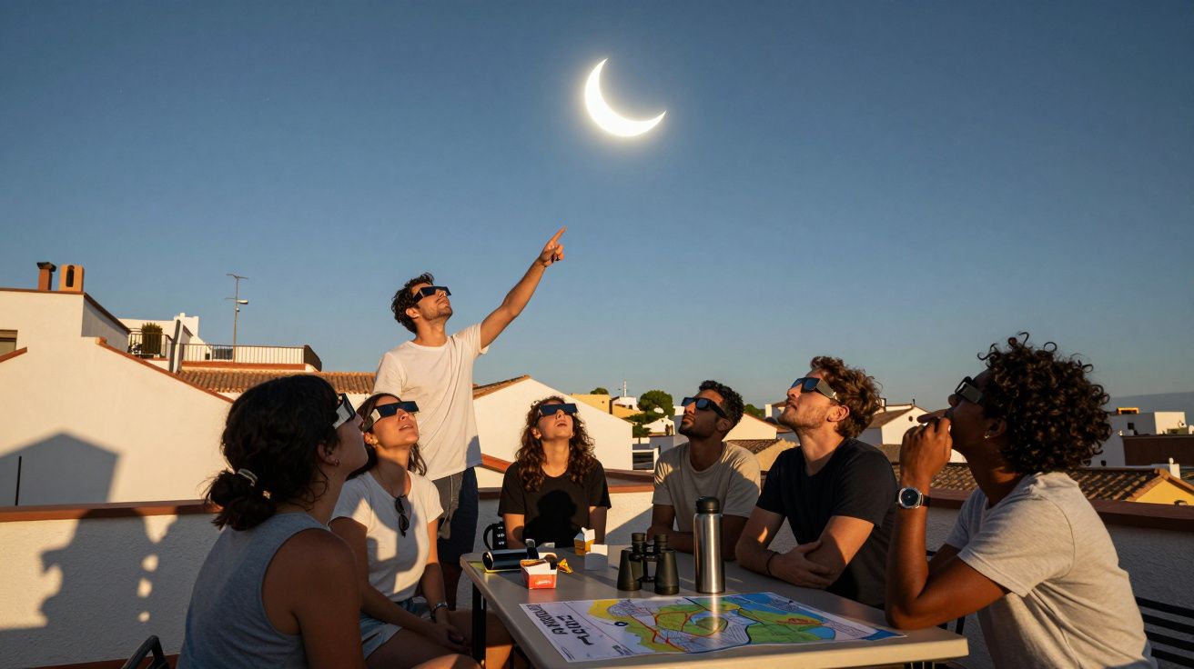 Grupo de pessoas usando óculos escuros observando eclipse solar em área externa residencial.