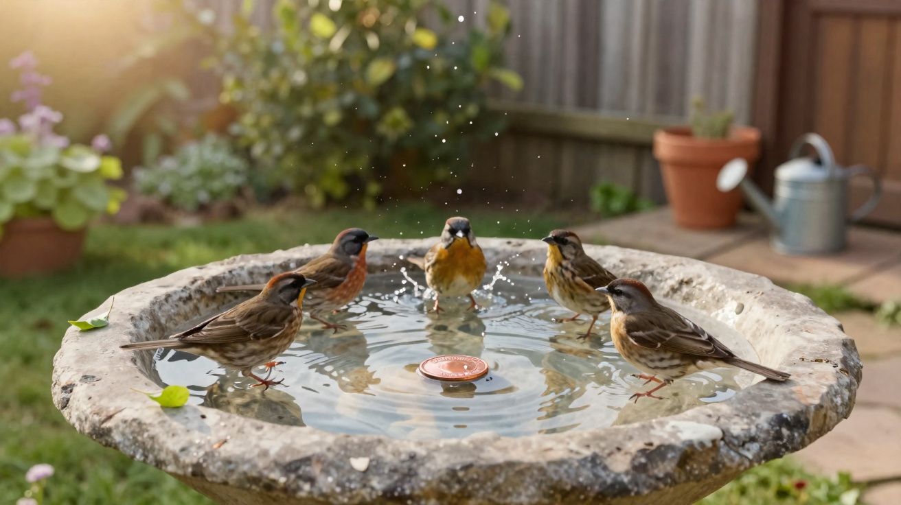Cinco passarinhos bebendo água e se refrescando em um bebedouro de pedra no jardim.