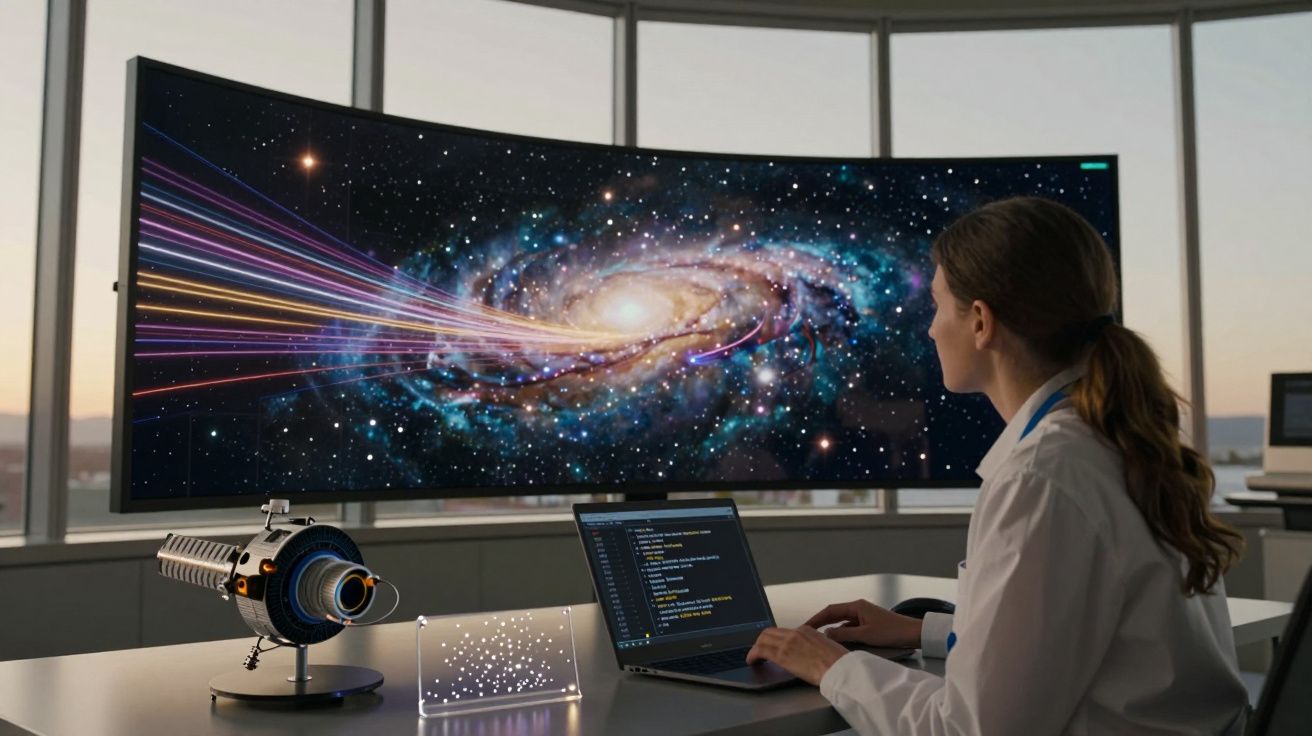 Mulher cientista sentado em mesa com laptop, observando imagem de galáxia em tela curva grande.