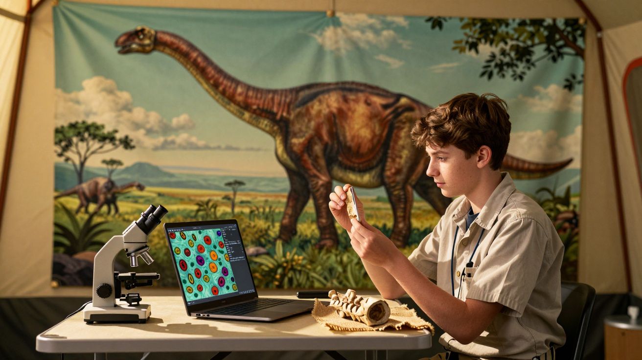 Jovem estudando fóssil com microscópio e laptop em mesa, cenário com pintura de dinossauro ao fundo.