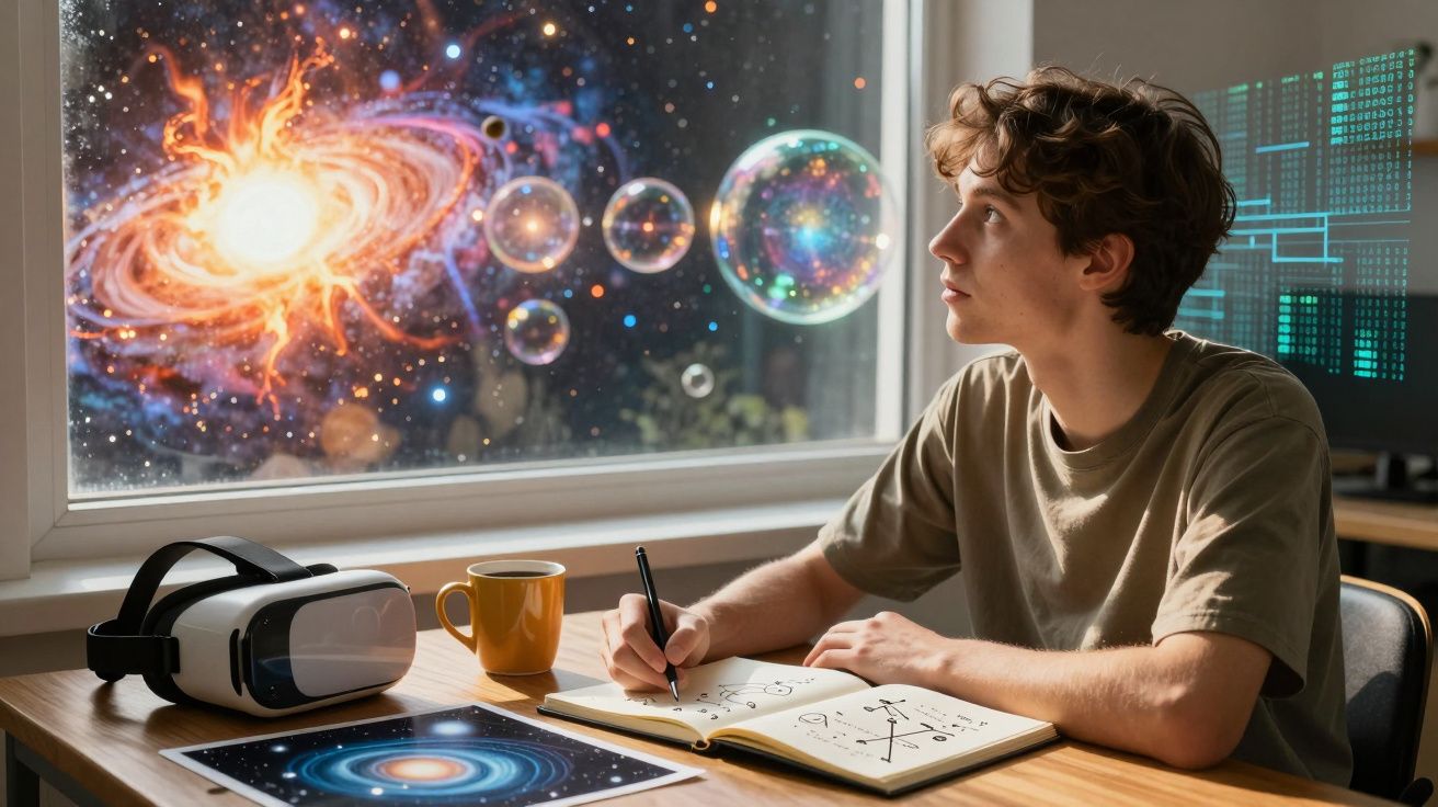 Jovem escrevendo em caderno com óculos de realidade virtual e imagem cósmica de galáxias visível pela janela.