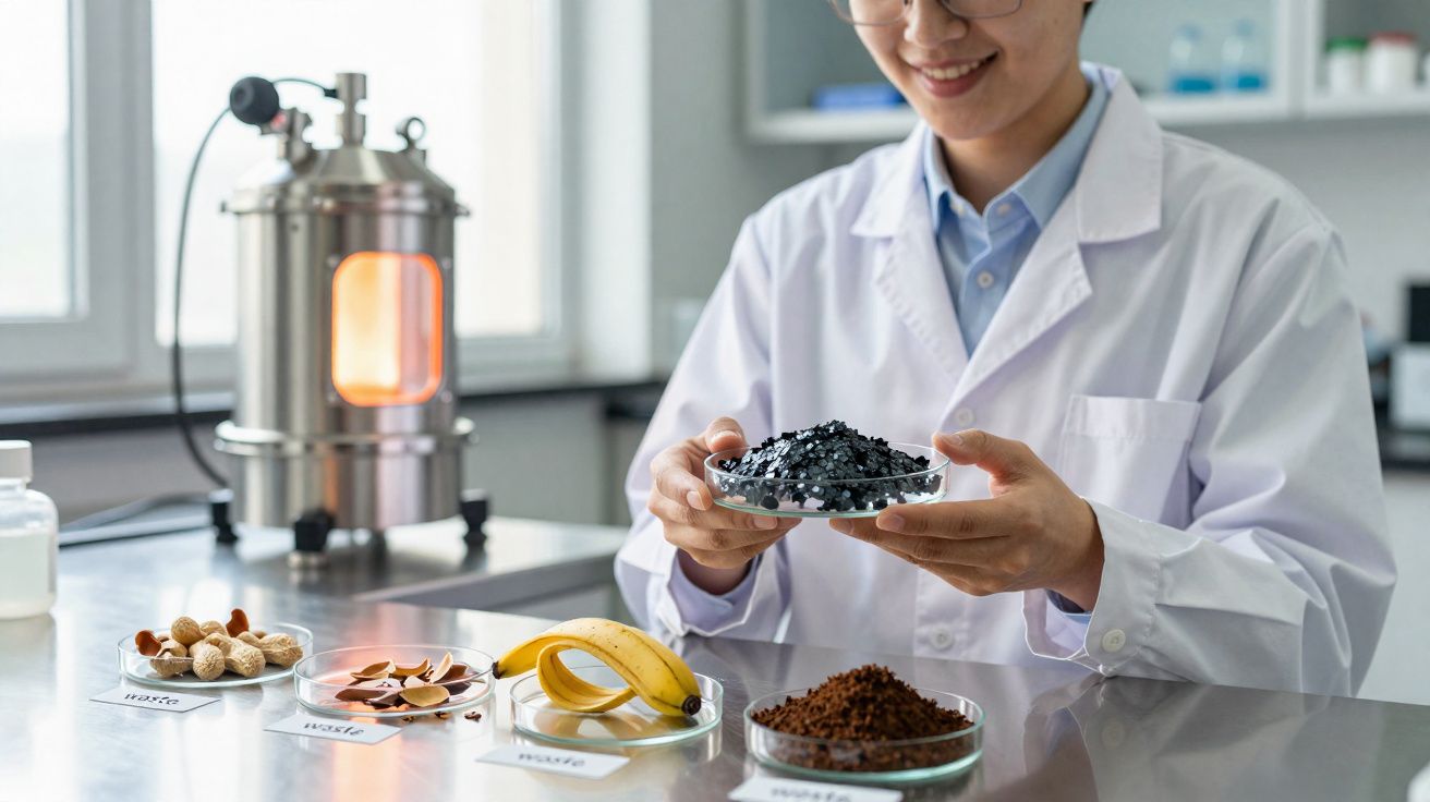 Pesquisadora em laboratório segurando prato com casca de banana e outros ingredientes em placas de petri.