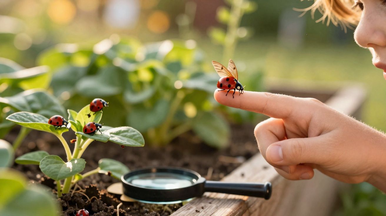 Criança observa joaninha pousada em seu dedo em jardim com plantas e lupa ao fundo.