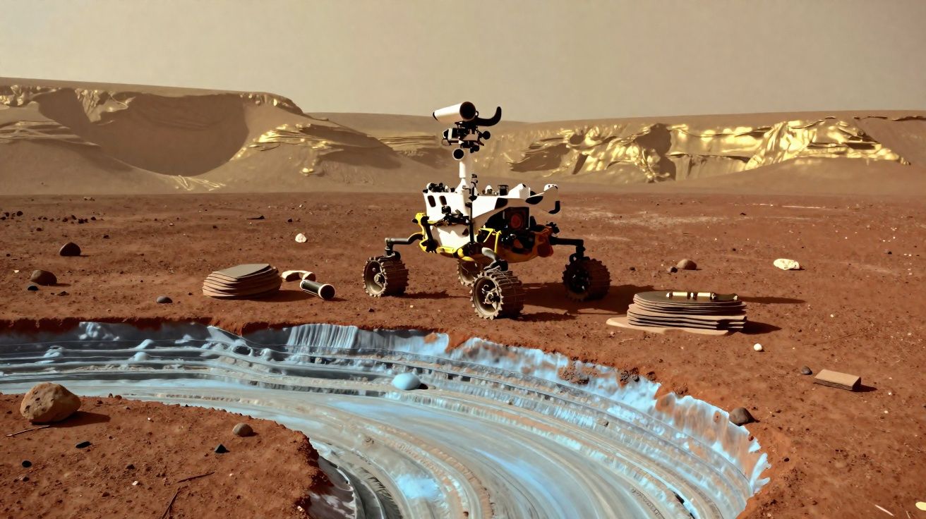 Rover explorando terreno vermelho e crateras com camadas azuis metálicas em paisagem marciana árida.