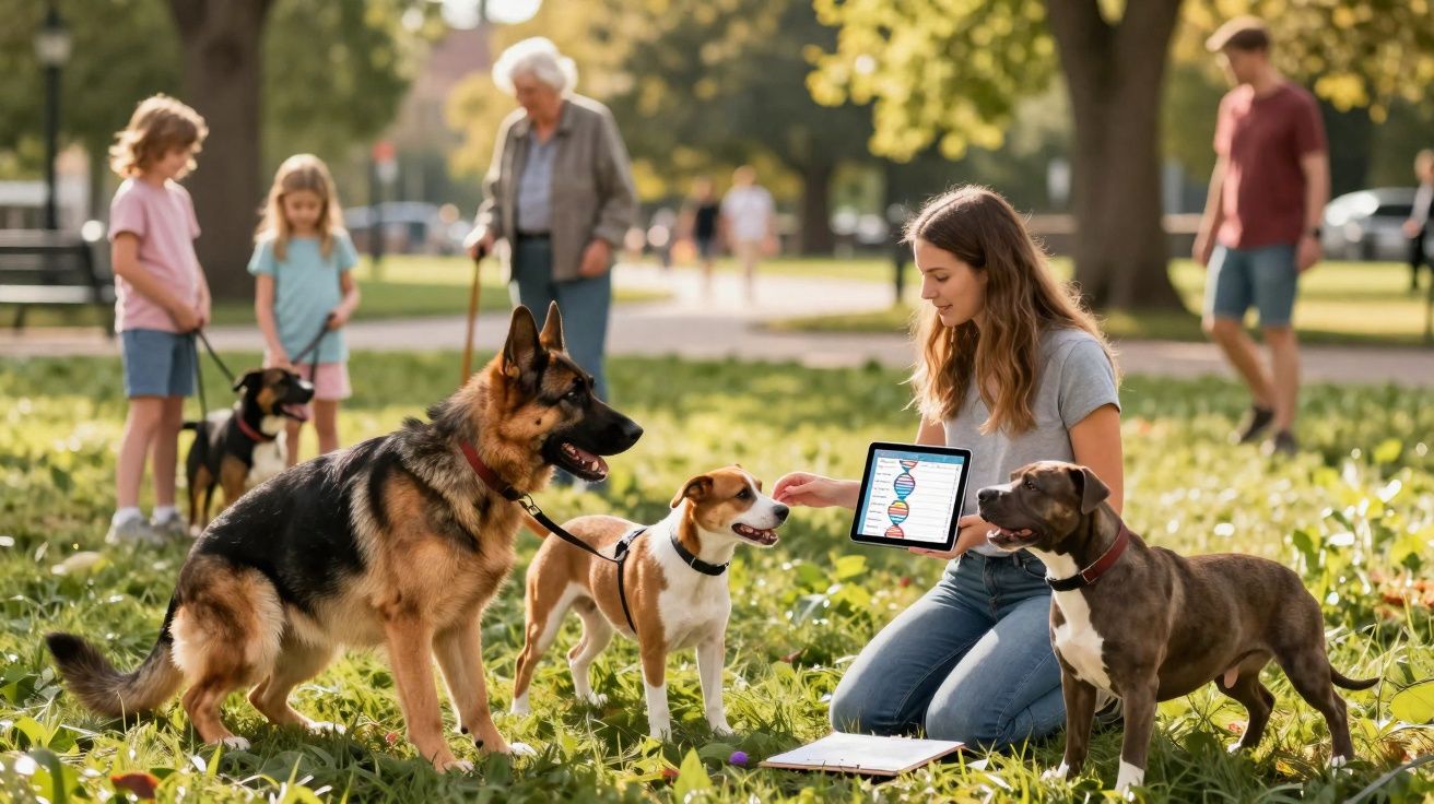 Mulher com três cachorros em parque exibe informação genética em tablet para crianças e idosa ao fundo.