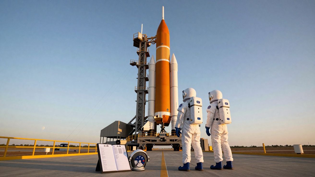 Dois astronautas observam foguete espacial laranja em plataforma de lançamento ao pôr do sol.