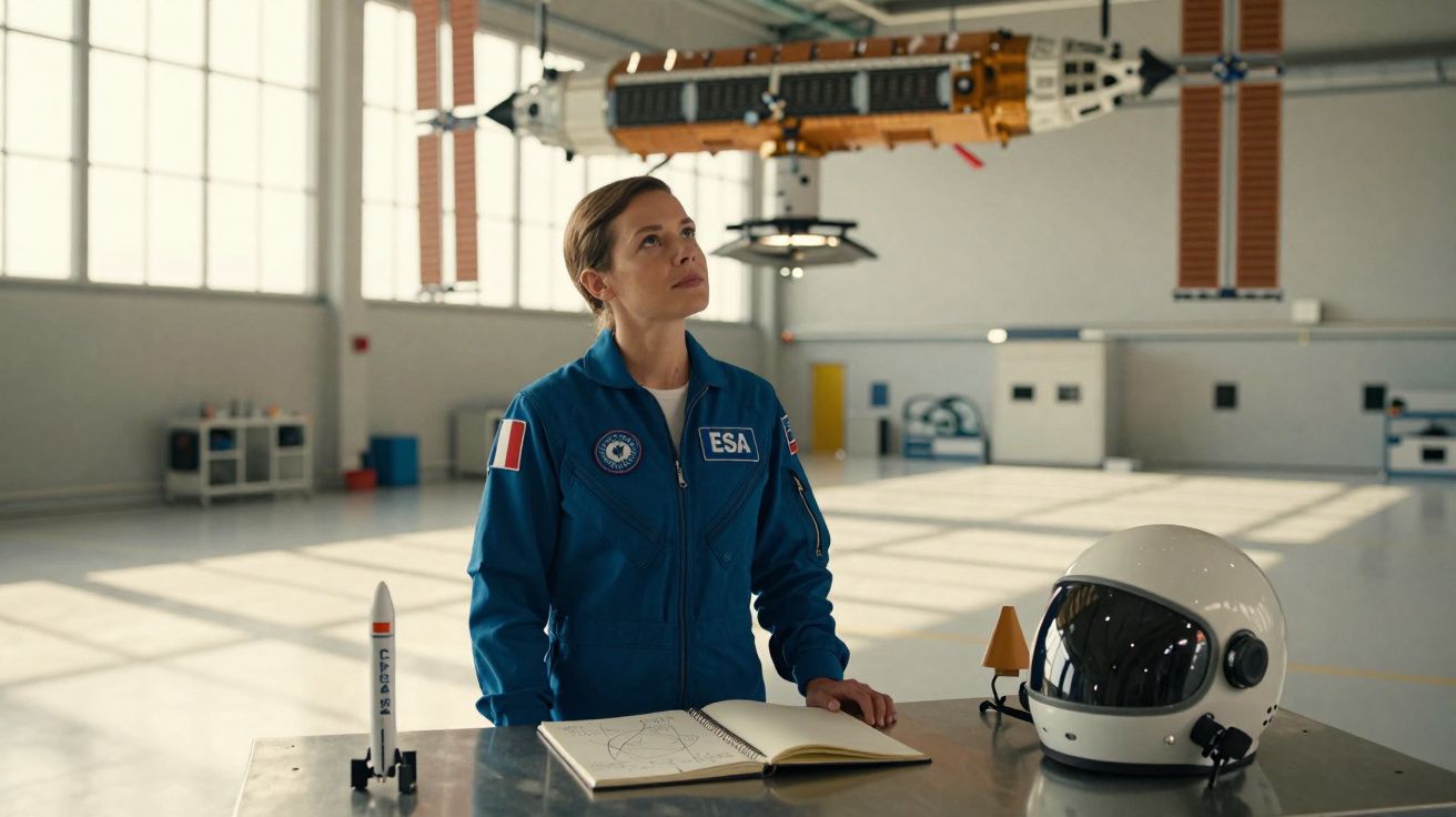 Mulher em macacão azul da ESA observando modelo de foguete em mesa com livro aberto e capacete espacial.