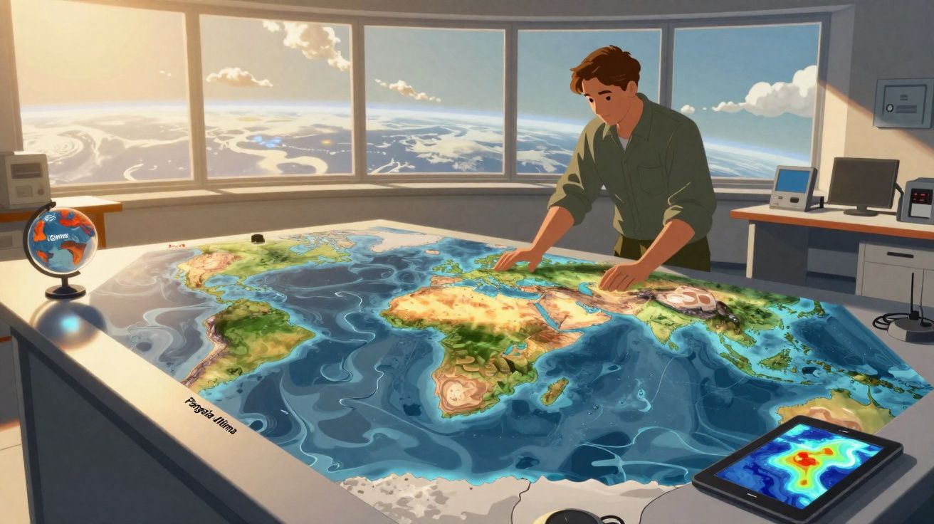 Homem em sala iluminada estuda mapa mundial grande com vista da Terra do espaço ao fundo.