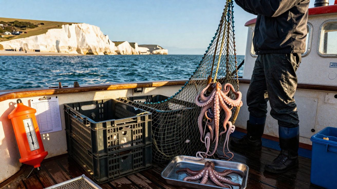 Pescador a bordo de barco retirando polvo do mar com rede, com falésias brancas e mar ao fundo.