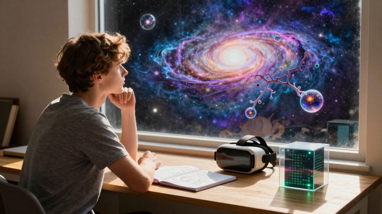Jovem sentado à mesa olhando para uma janela que mostra galáxia e moléculas coloridas no espaço.