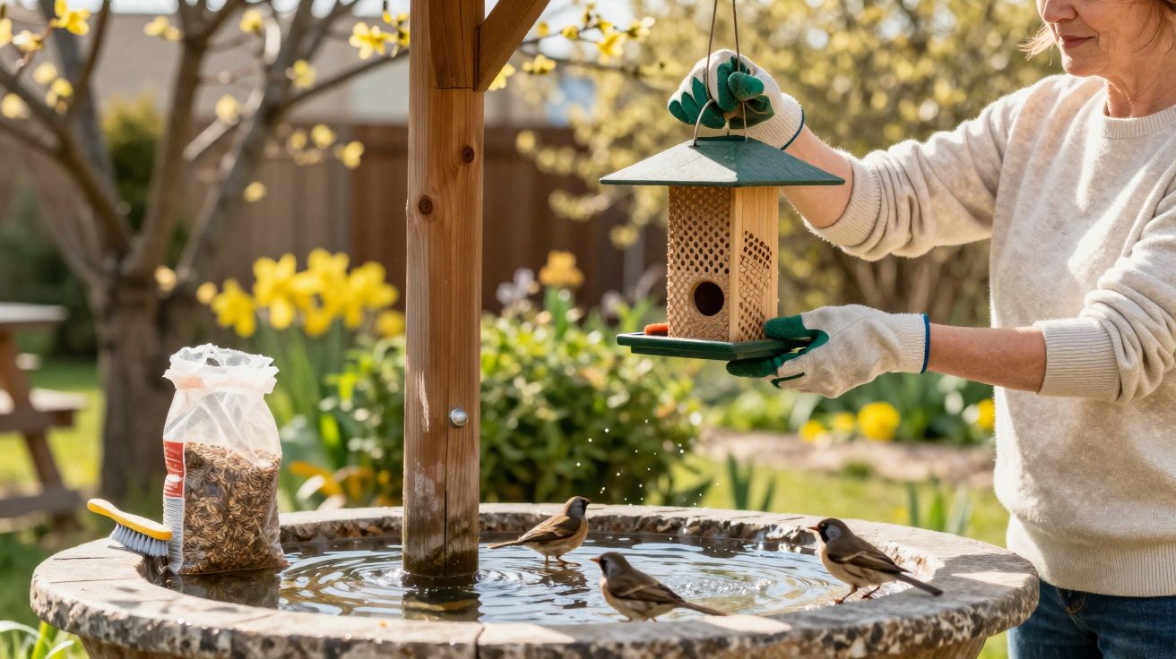 Mulher pendura comedouro para pássaros em jardim com pássaros bebendo água em fonte circular.