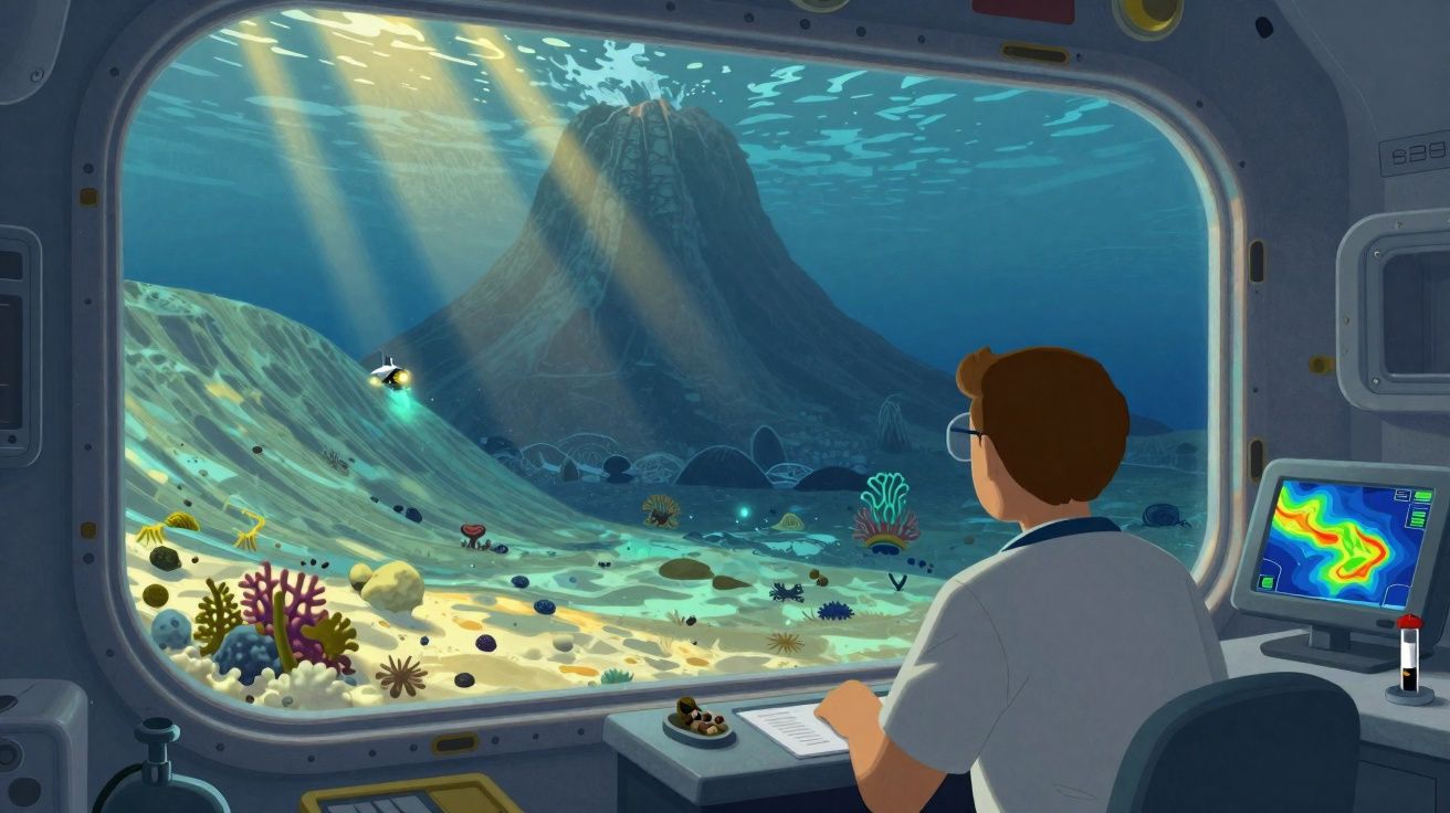 Homem observa a vida marinha e vulcão submarino através da janela de um submarino científico.