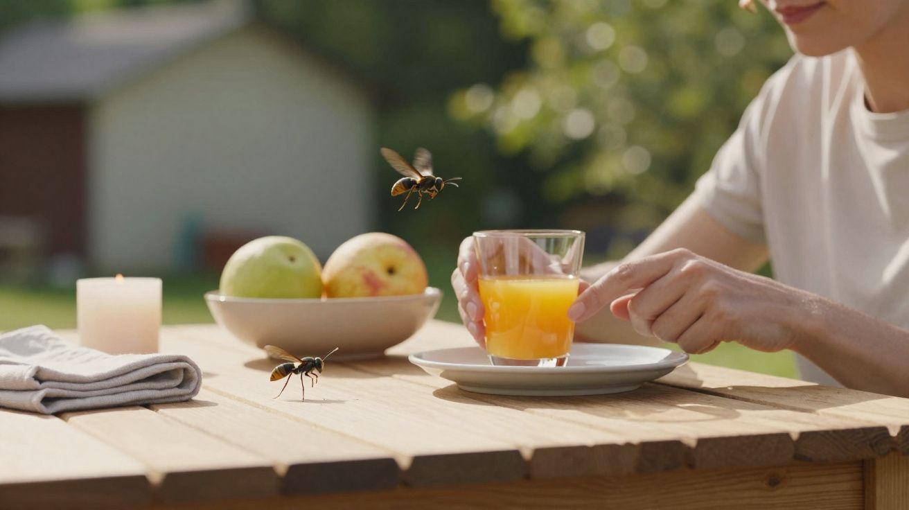 Pessoa segurando copo de suco perto de mesa com frutas e vespas voando ao redor no jardim.