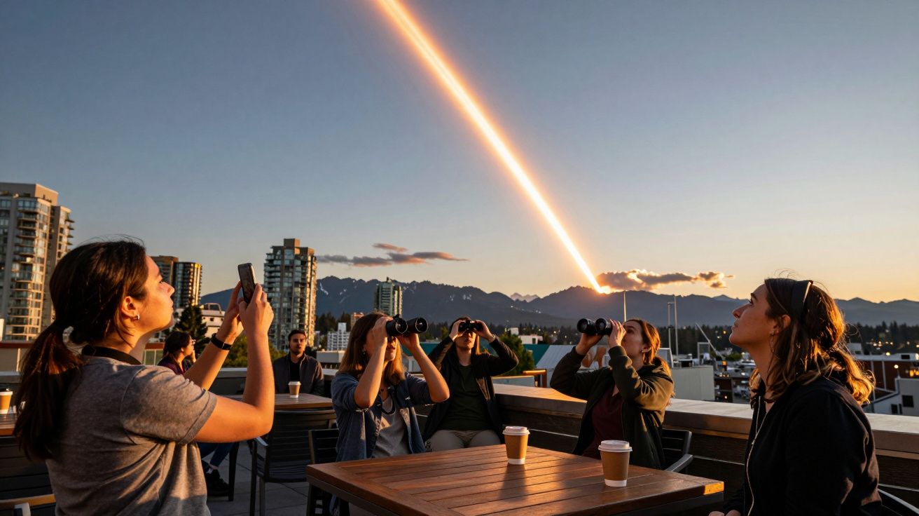 Grupo de pessoas observando um fenômeno luminoso no céu ao pôr do sol em um terraço urbano.
