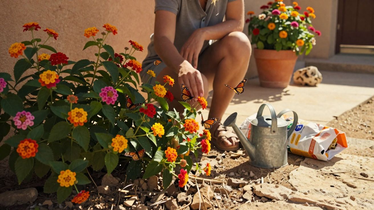 Pessoa agachada cuidando de flores coloridas com borboletas laranja ao redor em jardim ensolarado.