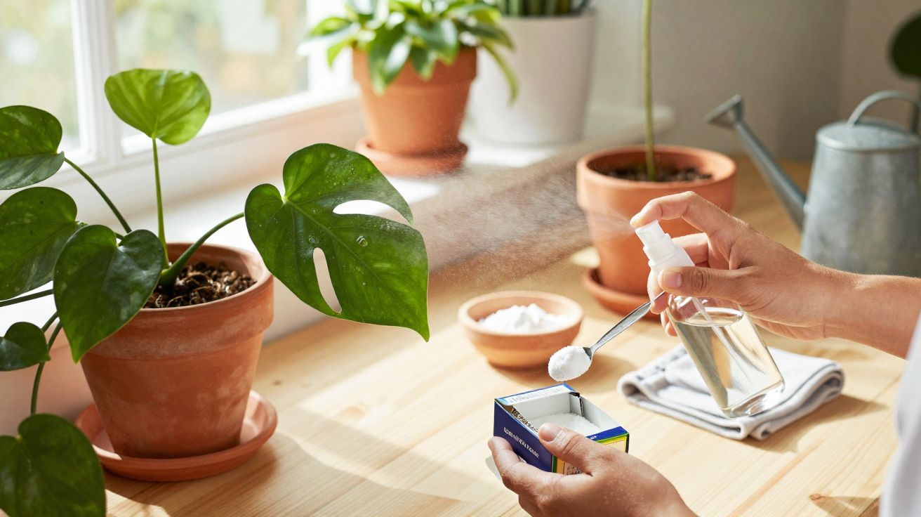 Mãos borrifando solução caseira em planta verde com folhas grandes em vaso de barro no parapeito.