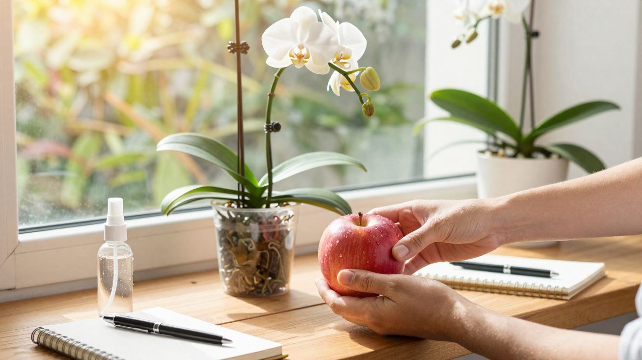 Maçã vermelha nas mãos sobre mesa de madeira com orquídeas, caderno, caneta e borrifador.