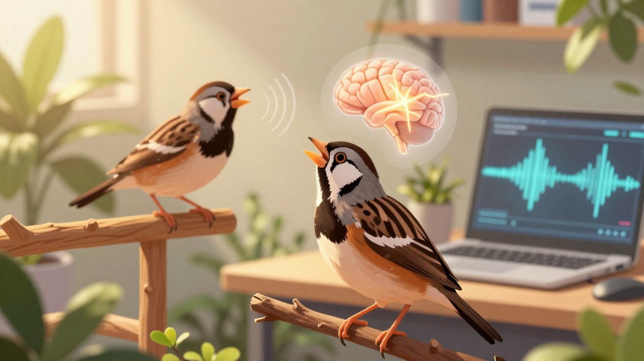 Dois pássaros cantando em galhos dentro de um ambiente com computador ao fundo e cérebro ilustrado entre eles.