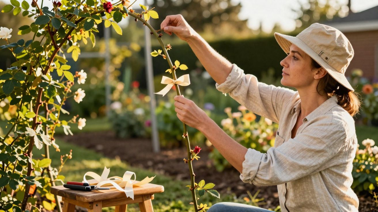 Mulher com chapéu cuida de rosas amarrando laços brancos em galhos no jardim ao entardecer.