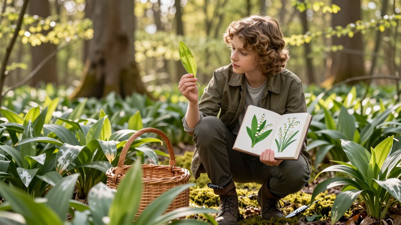 Criança em floresta estudando plantas e segurando folha e livro de ilustrações botânicas.