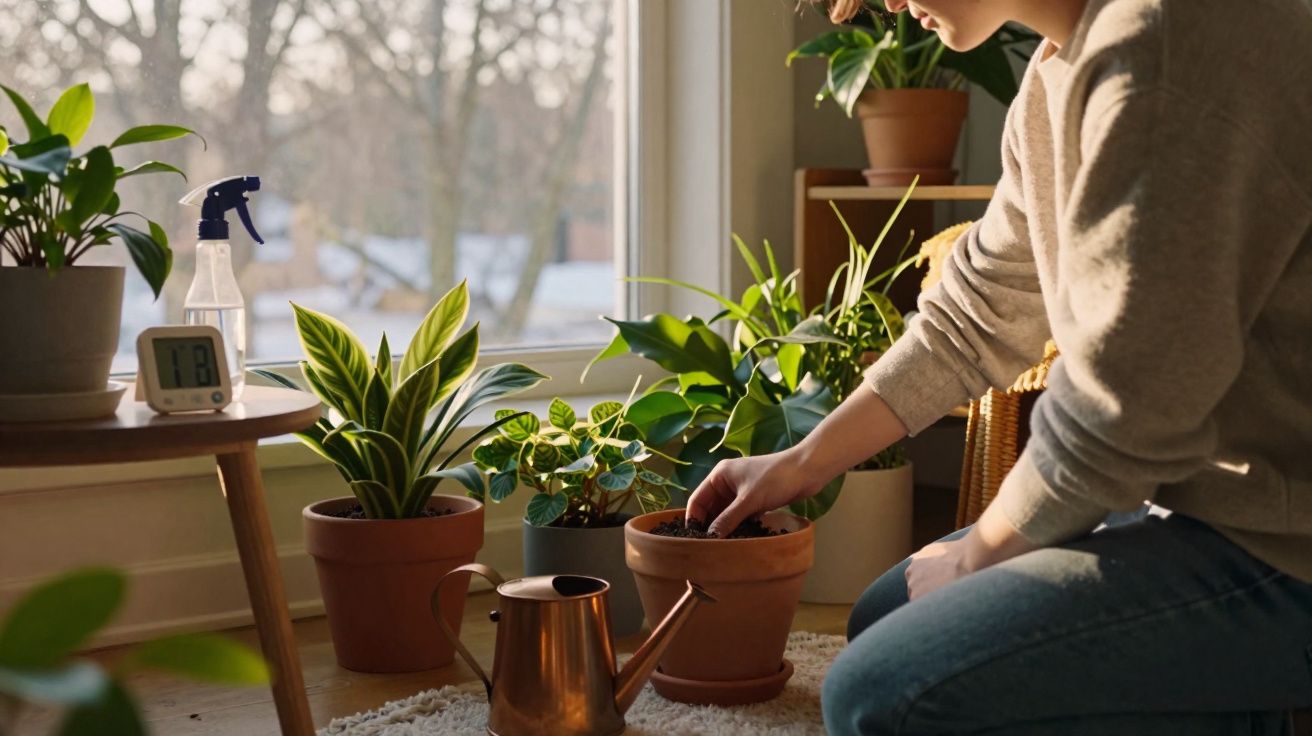 Pessoa cuidando de plantas em vasos perto da janela em ambiente interno com luz natural.