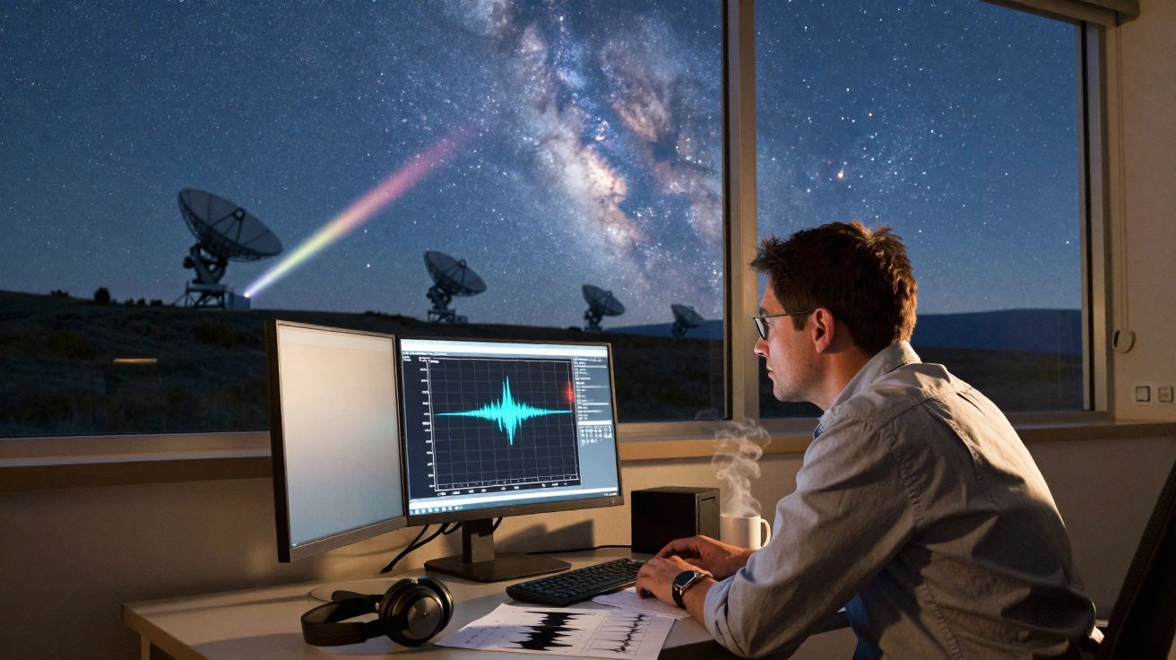 Homem analisando dados em computador com antenas parabólicas e Via Láctea visível à noite pela janela.