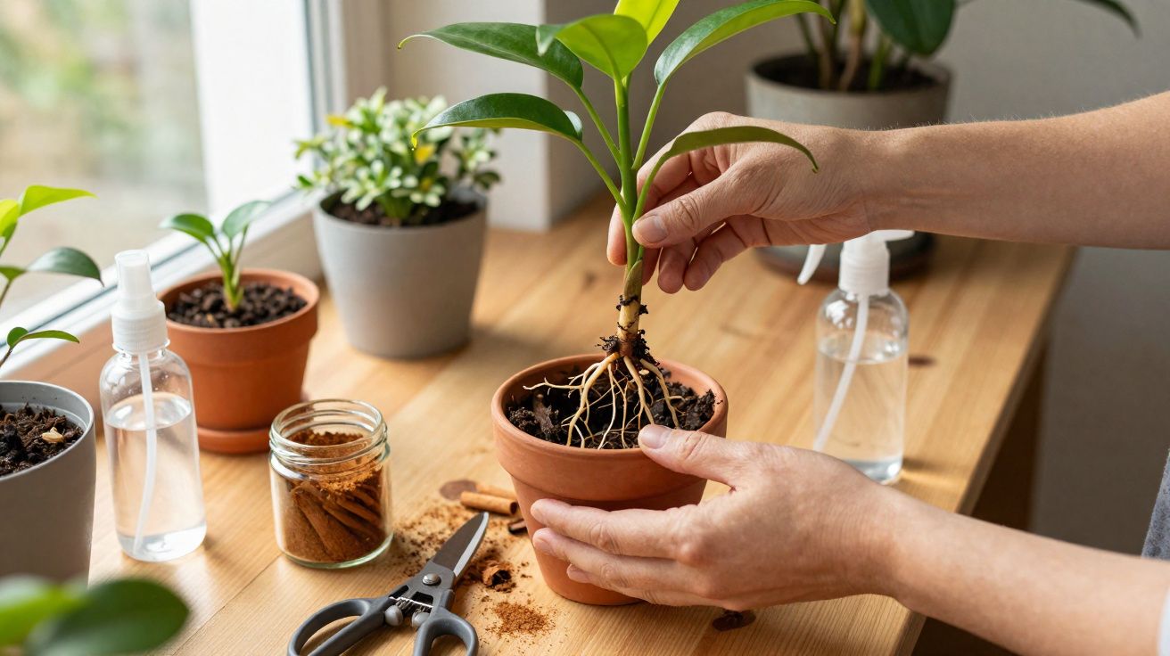 Pessoa transplantando muda de planta em vaso de barro sobre mesa de madeira com utensílios de jardinagem.