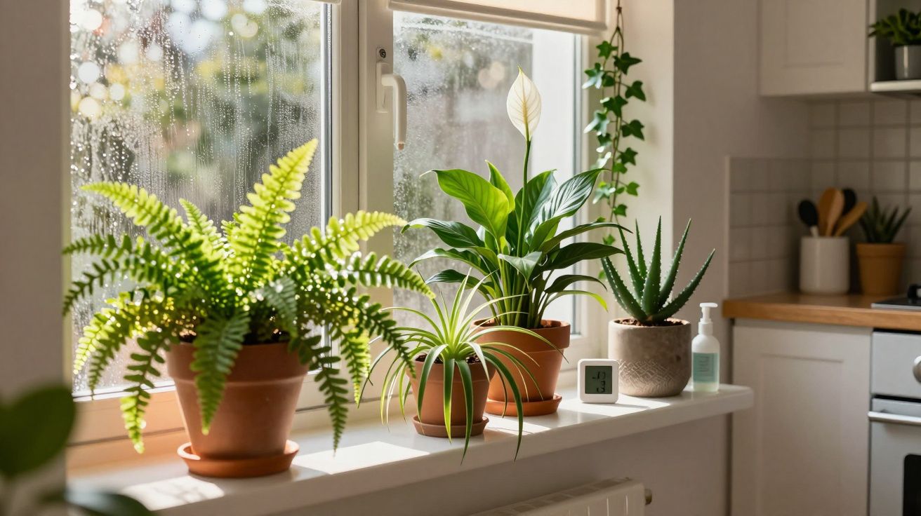 Plantas diversas em vasos sobre o parapeito de janela com luz natural em uma cozinha moderna e iluminada.