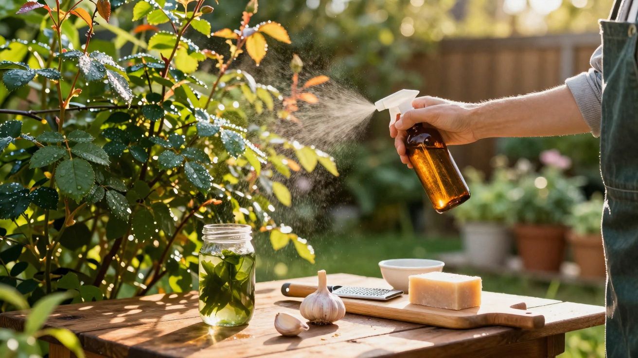 Pessoa borrifando planta com frasco em jardim, com alho, sabão e vidro com folhas na mesa de madeira