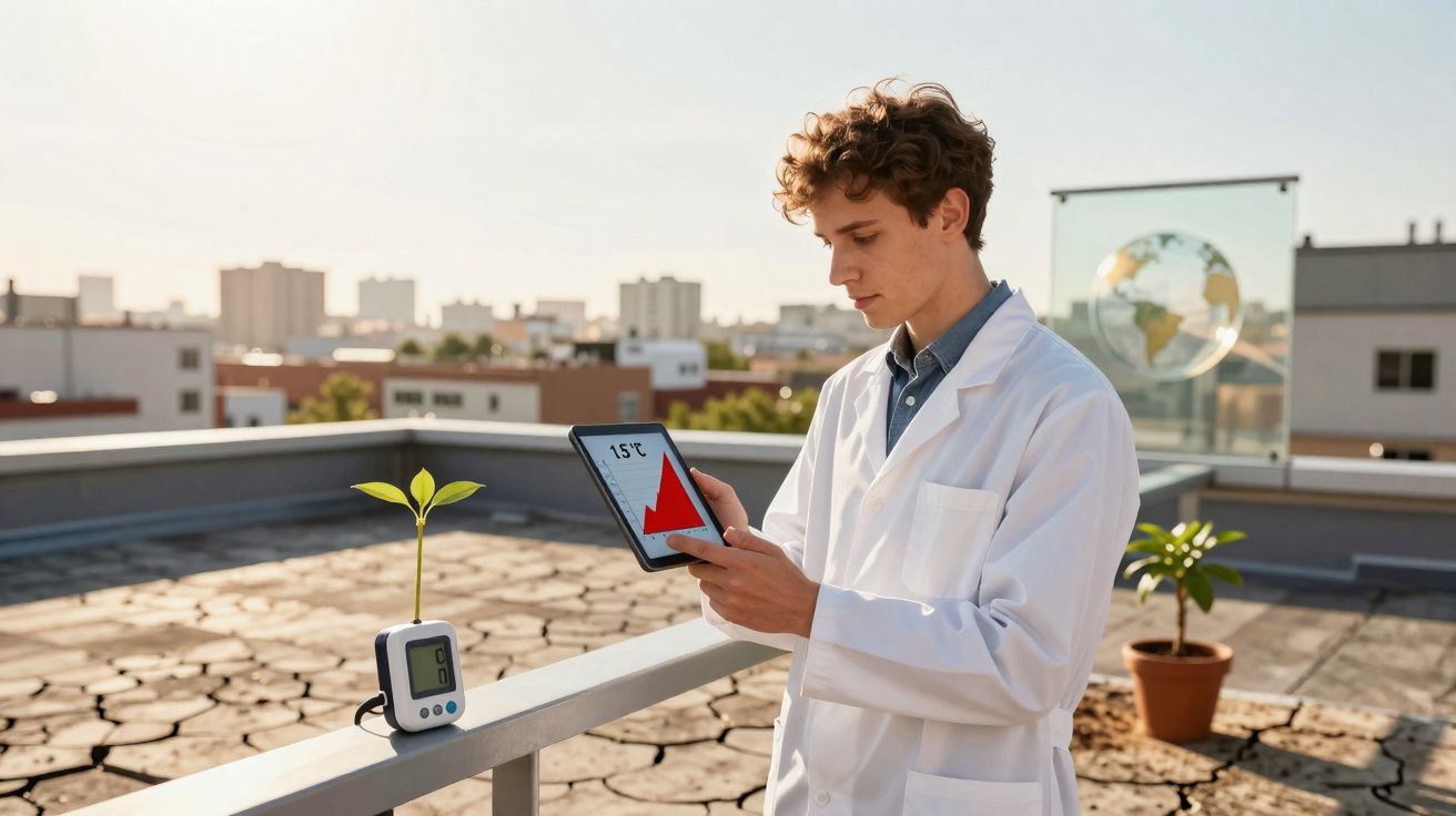 Jovem cientista com jaleco branco usando tablet para monitorar temperatura ambiental e saúde de planta jovem.