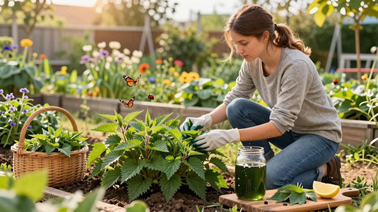 Mulher cuidando de planta em jardim com borboletas e joaninha ao redor ao entardecer.