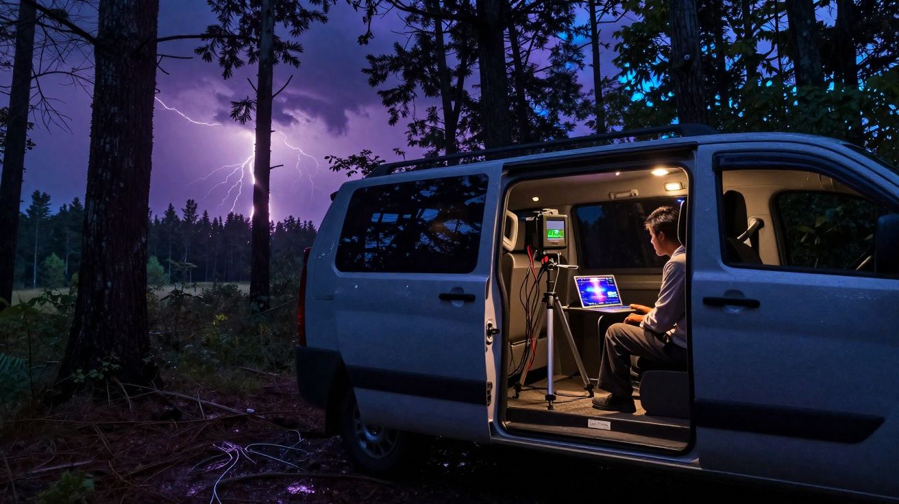 Pessoa usando laptop dentro de van com porta aberta numa floresta à noite durante tempestade com relâmpago.
