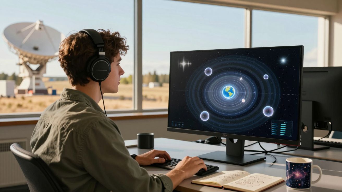 Jovem com fones estuda sistema solar em computador em sala com antena parabólica ao fundo.