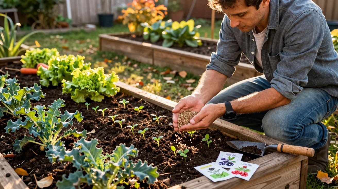 Homem plantando sementes em canteiro de madeira em jardim com mudas e ferramentas ao lado.
