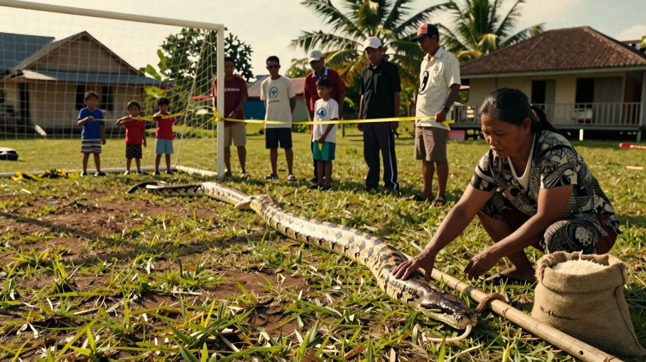 Mulher ajoelhada segura a cabeça de uma grande jiboia estendida no campo de futebol, com pessoas observando ao fundo.