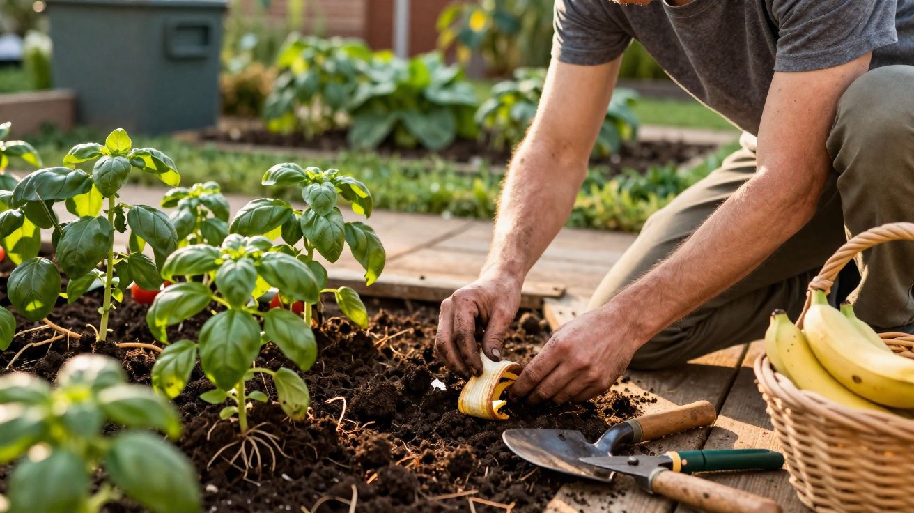 Pessoa plantando mudas em jardim com ferramentas de jardinagem e cesta com bananas ao lado.