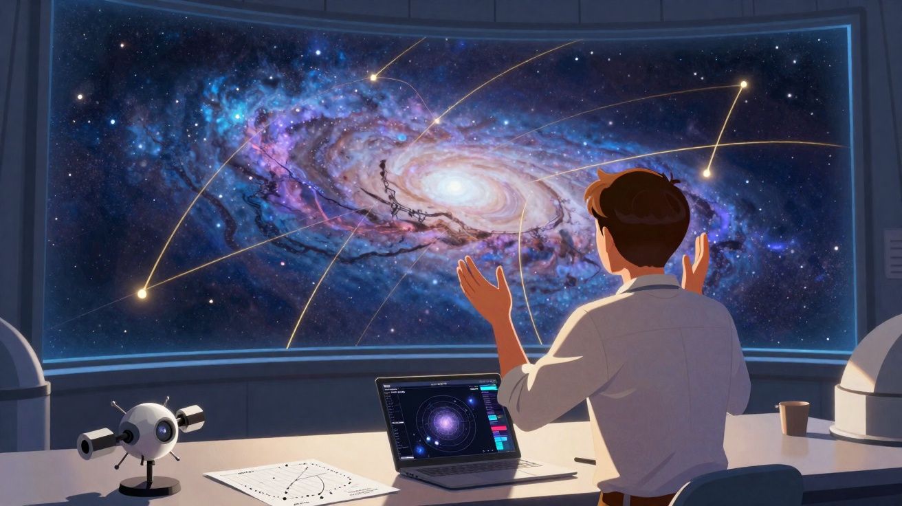 Pessoa observando a galáxia em uma tela grande com laptop e telescópio em uma mesa.