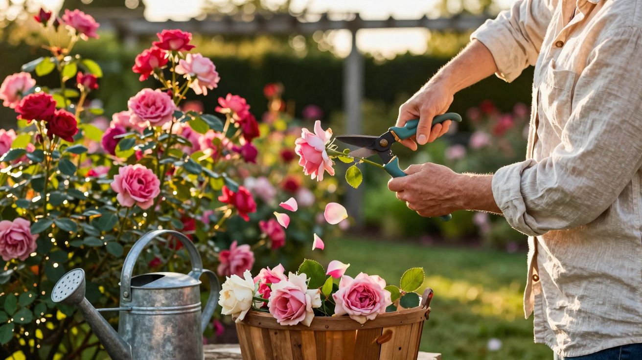 Pessoa colhendo rosas cor de rosa com tesoura de jardinagem em campo ensolarado com regador metal ao lado.