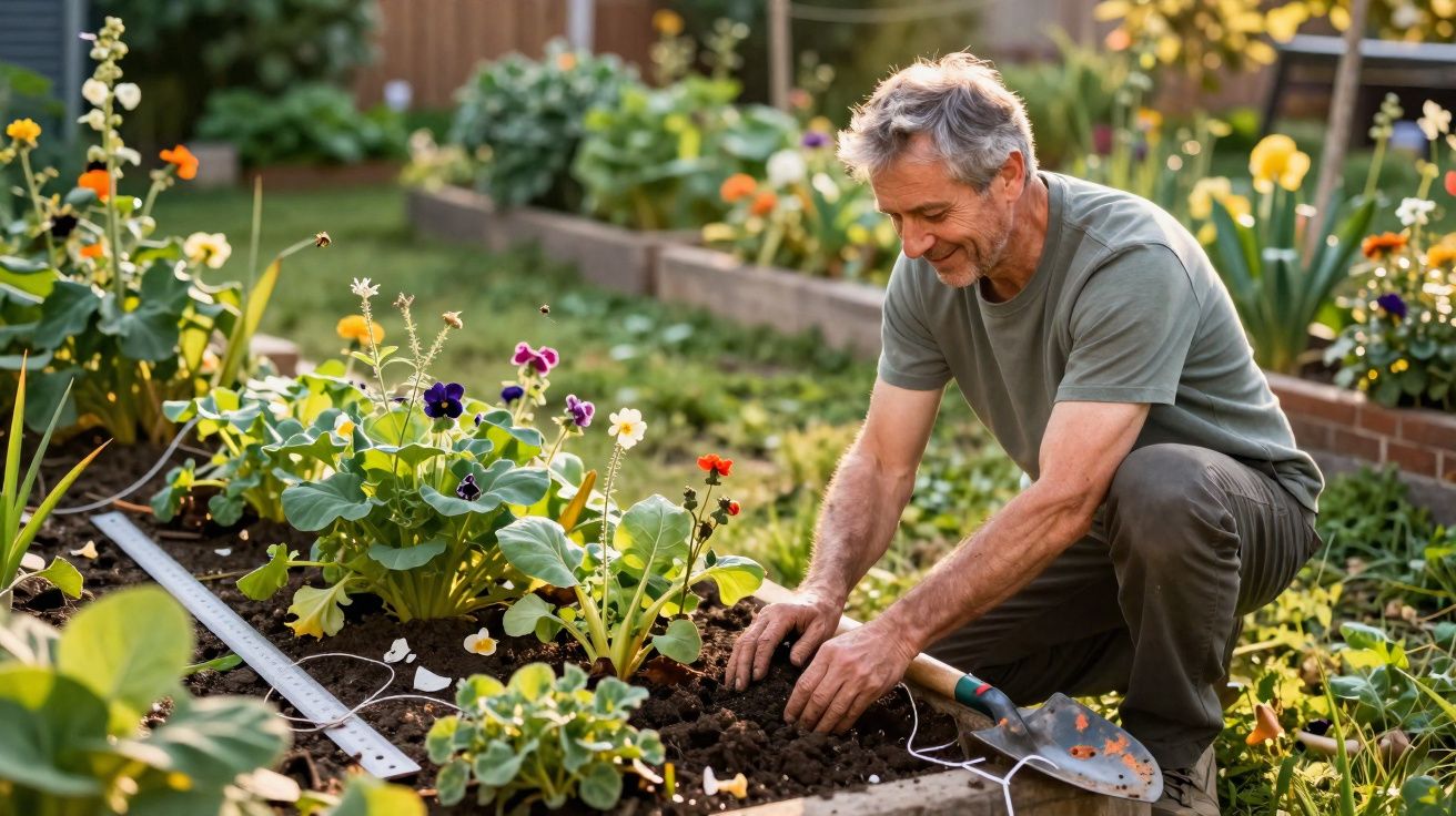 Homem sorridente cuidando de flores coloridas em canteiro de jardim ensolarado.