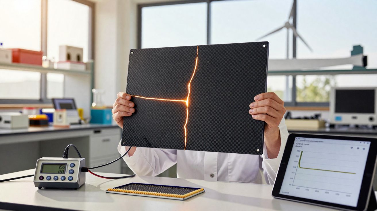 Pessoa em laboratório segurando placa de material compósito com fissura iluminada para análise estrutural.