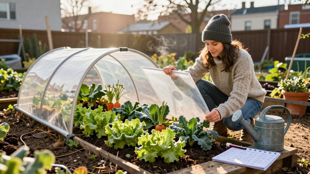 Mulher cuida de uma mini estufa com hortaliças em horta urbana ao ar livre ao entardecer.