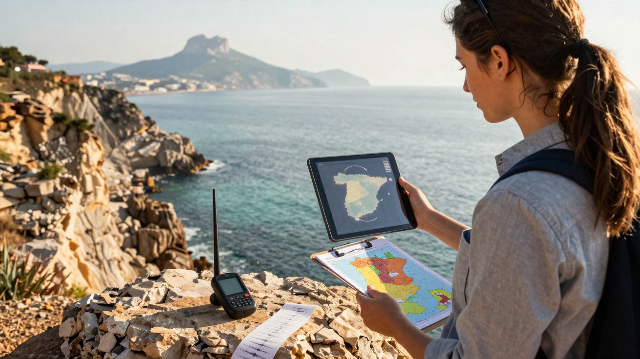 Mulher com tablet e mapa analisa rota em penhasco à beira do mar com rádio e paisagem ao fundo.