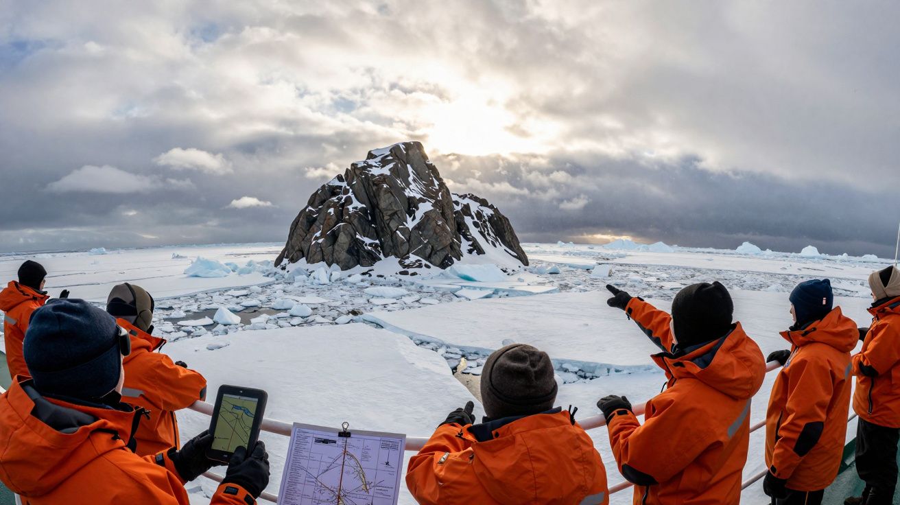 Grupo de pessoas com jaquetas laranjas observando uma rocha em ambiente gelado e neve no pôr do sol.