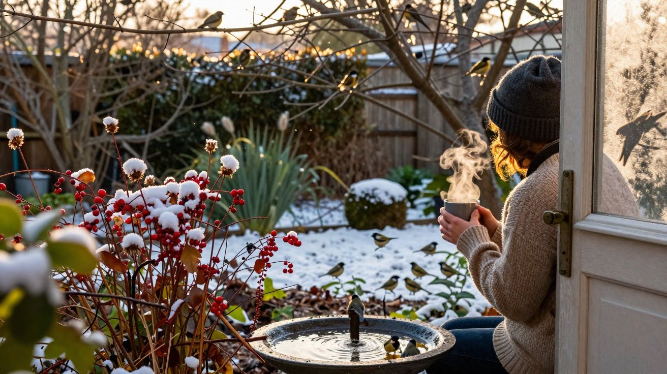 Pessoa com gorro e suéter segurando uma xícara quente em varanda com jardim e pássaros no inverno com neve.