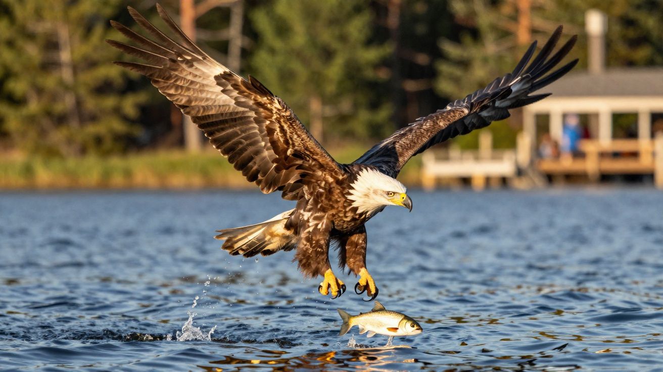Águia-de-cabeça-branca voando sobre o lago com um peixe recém-pescado na água.